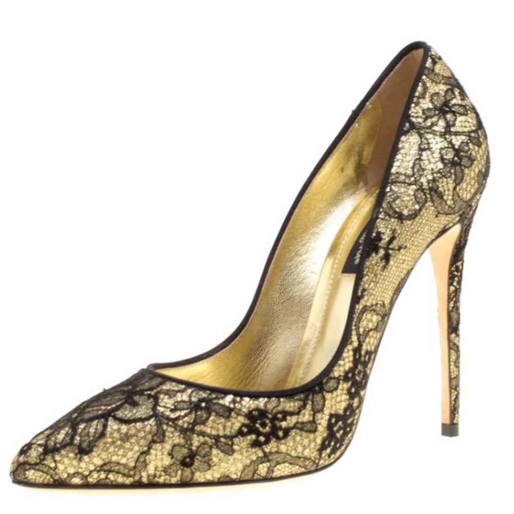 NWB DOLCE & GABBANA Gold Black Chantilly Lace KATE heels shoes Pumps $1045 38 8 - Picture 5 of 16